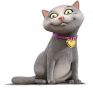 Cartoon cat with purple collard and heart shaped pendant 