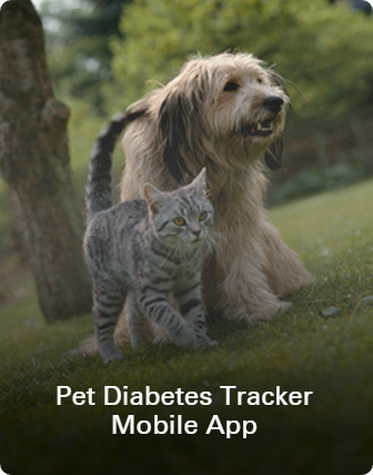 Shaggy dog and striped cat in the park together overlapped with "Pet Diabetes Tracker Mobile App".