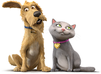 Animated dog Spike and cat Sugar sitting next to each other.