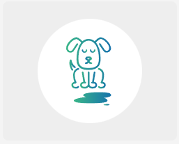 Blue and green icon of a dog next to a urine puddle