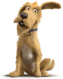 Animated golden dog Spike looking happy with one ear up and sitting.