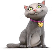 Animated grey cat Sugar smiling and sitting with a heart pink collar.